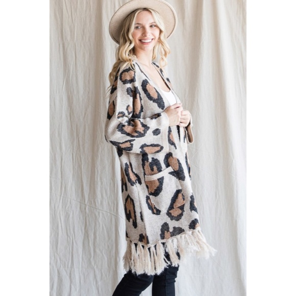 SOLD OUT Oatmeal Leopard Animal Printed Fringe Hem Open Knit Cardigan Sweater - Picture 6 of 9